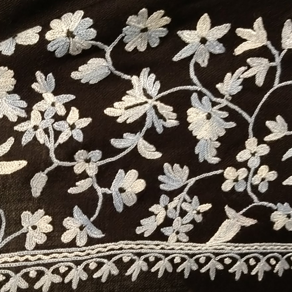 Dark Navy Pashmina Shawl W/ Embroidered Flowers - Picture 2 of 9